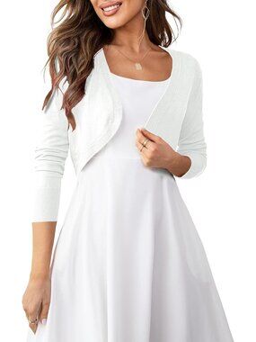 〽️Women White Cropped Cardigan Bolero Shrug Sweater Soft Breathable Knit Sleeve